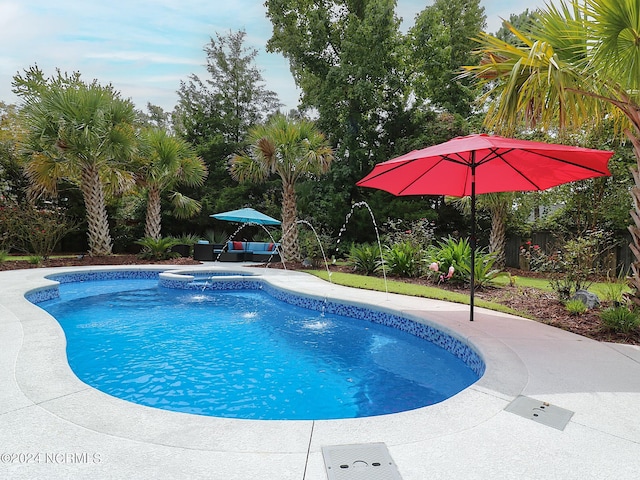 view of swimming pool with pool water feature