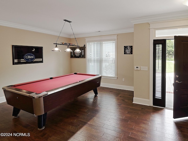 recreation room with pool table, ornamental molding, and dark hardwood / wood-style flooring