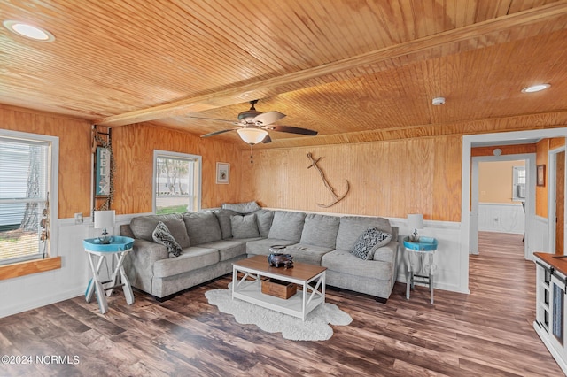 living room with recessed lighting, wood ceiling, and wood finished floors