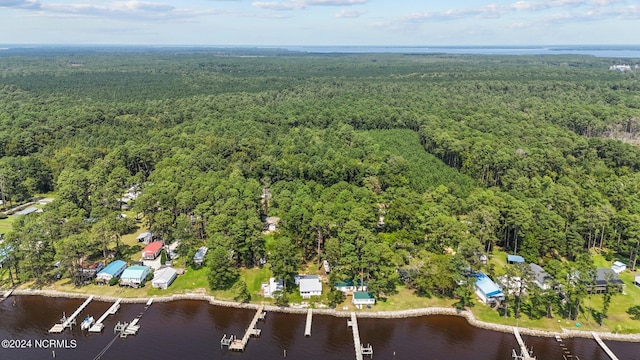 drone / aerial view with a water view and a wooded view