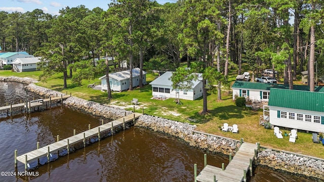 drone / aerial view with a water view