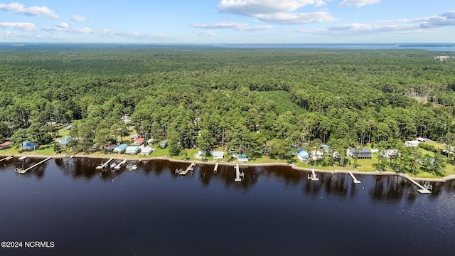 drone / aerial view featuring a water view and a view of trees