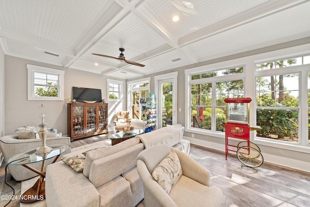 living room featuring baseboards, beamed ceiling, coffered ceiling, and light wood-style floors