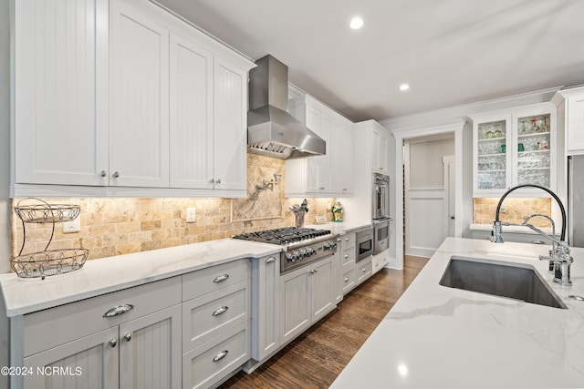 kitchen with appliances with stainless steel finishes, white cabinetry, a sink, wall chimney range hood, and light stone countertops