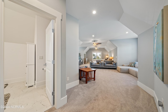 living area with baseboards, vaulted ceiling, a ceiling fan, and recessed lighting