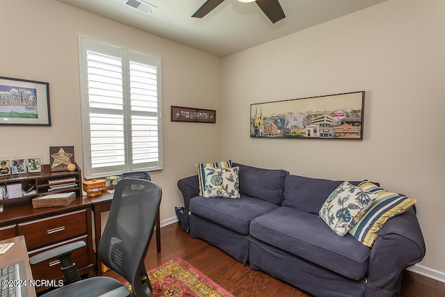 office area featuring a wealth of natural light, dark hardwood / wood-style floors, and ceiling fan