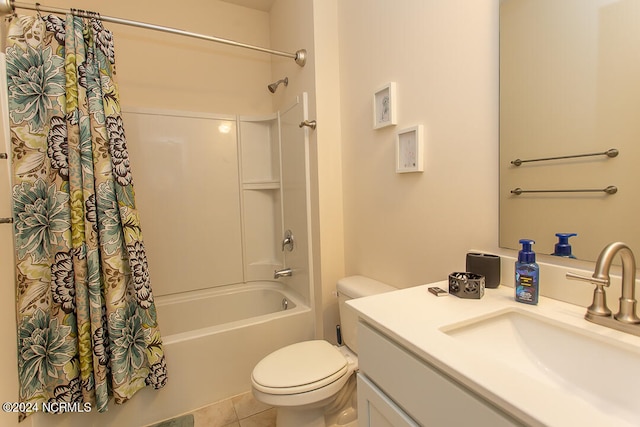 full bathroom featuring toilet, shower / bathtub combination with curtain, tile patterned flooring, and vanity