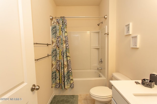 full bathroom with toilet, vanity, shower / bath combo with shower curtain, and tile patterned floors