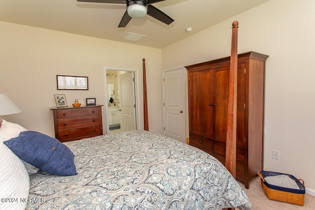 carpeted bedroom with ceiling fan, connected bathroom, and a closet