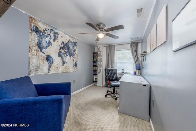 office area with ceiling fan and light colored carpet