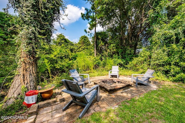 view of yard featuring a patio and a fire pit