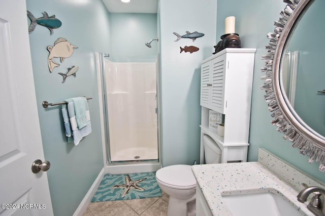 full bathroom featuring toilet, vanity, a shower stall, baseboards, and tile patterned floors