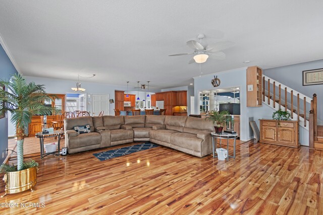 living room featuring ceiling fan with notable chandelier, ornamental molding, and light hardwood / wood-style flooring