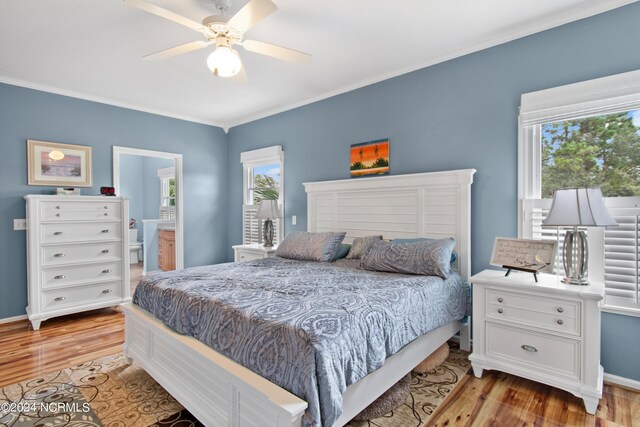 bedroom featuring light hardwood / wood-style floors, multiple windows, and ceiling fan