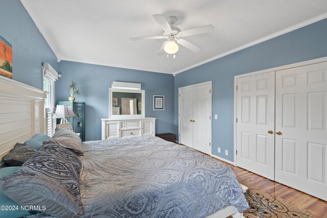 bedroom featuring ornamental molding, multiple closets, ceiling fan, and hardwood / wood-style floors