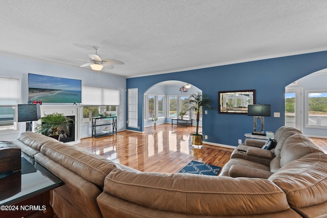 living room with a wealth of natural light, ceiling fan, wood-type flooring, and crown molding