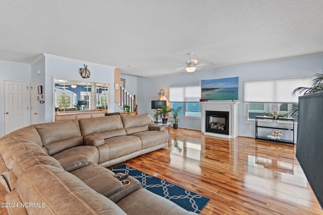 living room featuring a textured ceiling, crown molding, ceiling fan, and hardwood / wood-style flooring