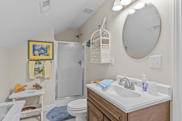 bathroom with toilet, vanity, vaulted ceiling, and walk in shower