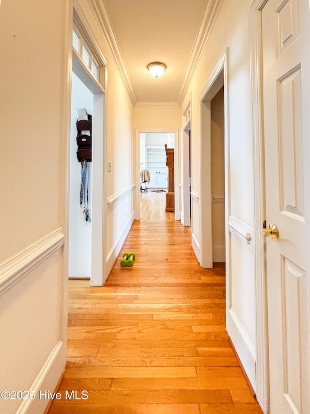 corridor featuring light wood-type flooring and crown molding