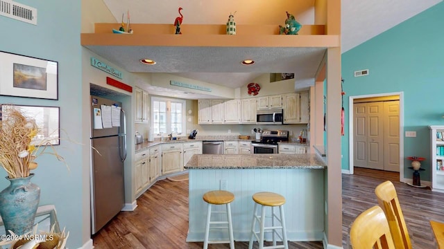 kitchen with light stone countertops, a kitchen breakfast bar, stainless steel appliances, high vaulted ceiling, and light hardwood / wood-style flooring