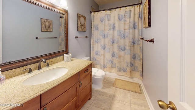 full bathroom with tile patterned flooring, shower / bath combo, vanity, and toilet