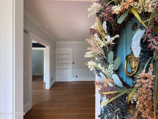 hall featuring crown molding and dark wood-type flooring