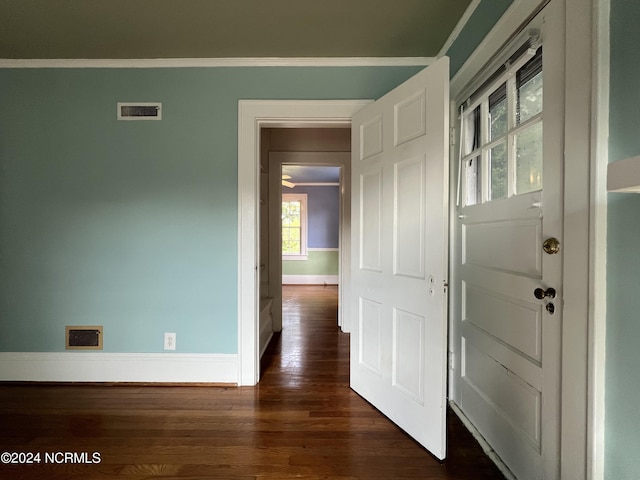 interior space with dark hardwood / wood-style floors and crown molding