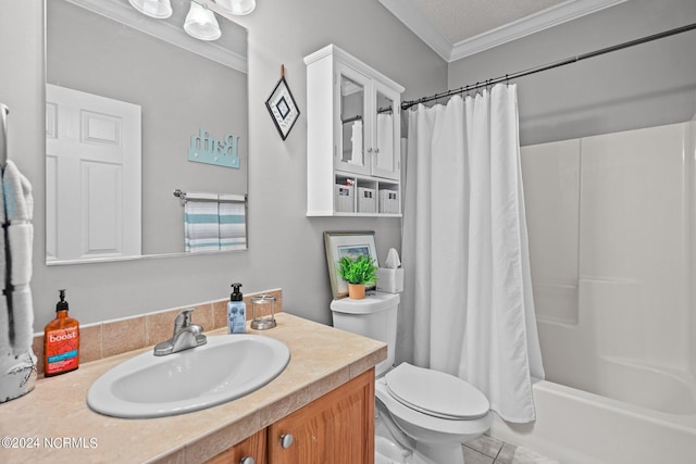 full bathroom featuring toilet, vanity, shower / bath combination with curtain, a textured ceiling, and crown molding