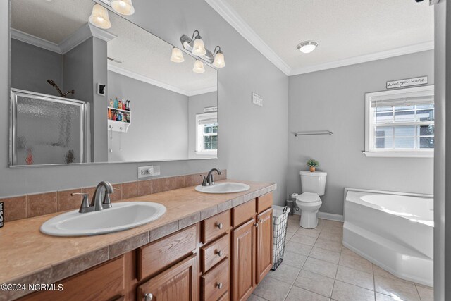 full bathroom featuring toilet, ornamental molding, vanity, a textured ceiling, and shower with separate bathtub