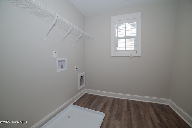 laundry area featuring laundry area, baseboards, dark wood-type flooring, hookup for a washing machine, and electric dryer hookup