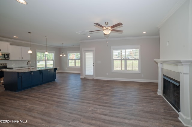 kitchen with open floor plan, stainless steel appliances, ornamental molding, and a fireplace