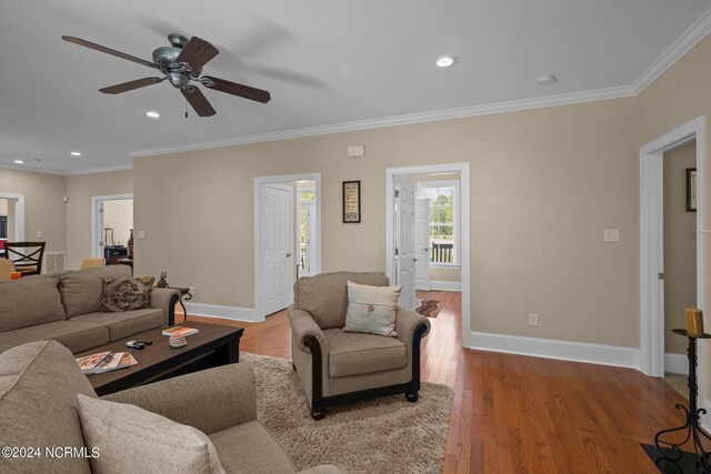 living room featuring ceiling fan, crown molding, and wood-type flooring