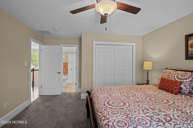 carpeted bedroom featuring a ceiling fan, a closet, visible vents, and baseboards