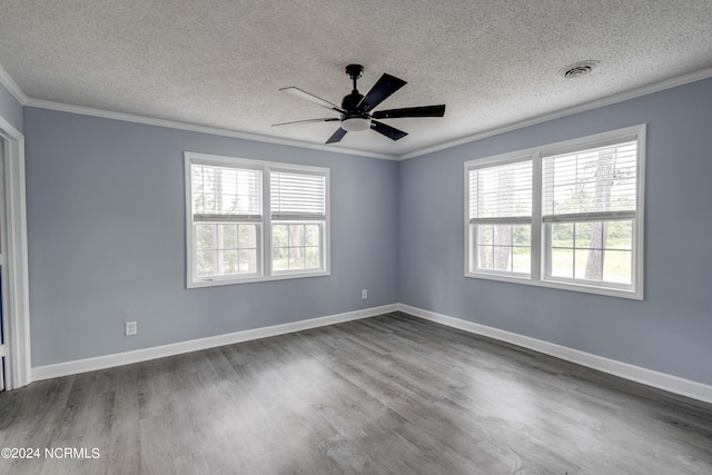 empty room featuring wood-type flooring, ceiling fan, crown molding, and a textured ceiling