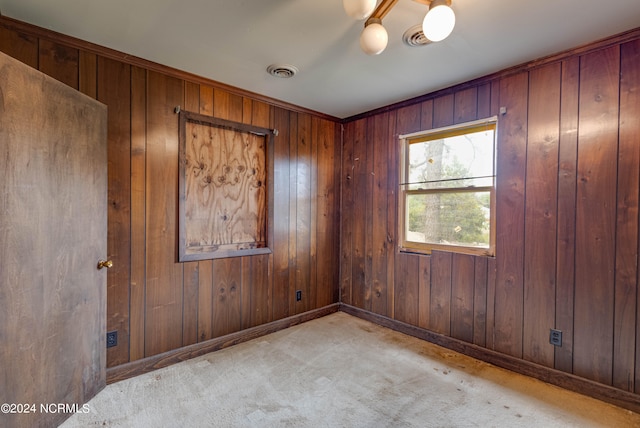 spare room with wooden walls and light colored carpet