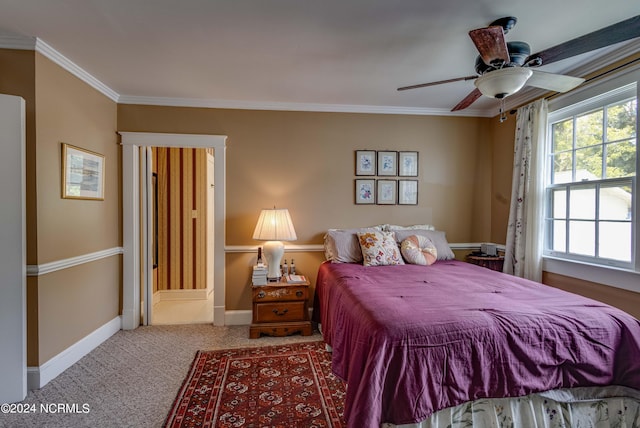 bedroom with baseboards, ornamental molding, ceiling fan, and carpet flooring