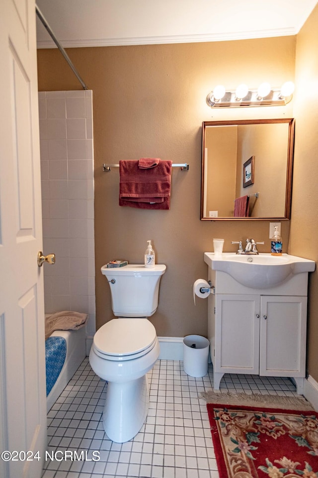 full bathroom with toilet, shower / bathtub combination, vanity, ornamental molding, and tile patterned floors