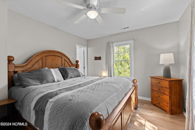 bedroom with ceiling fan and light wood-type flooring