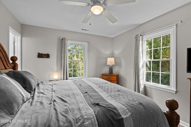 bedroom featuring multiple windows and ceiling fan