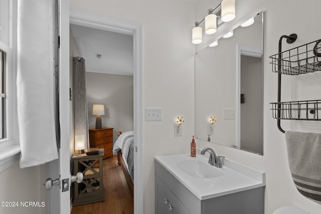 bathroom with hardwood / wood-style floors and vanity