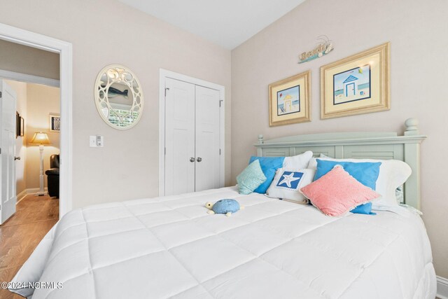 bedroom with hardwood / wood-style flooring and a closet