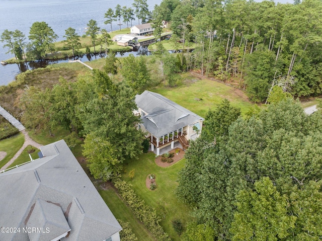 drone / aerial view with a water view