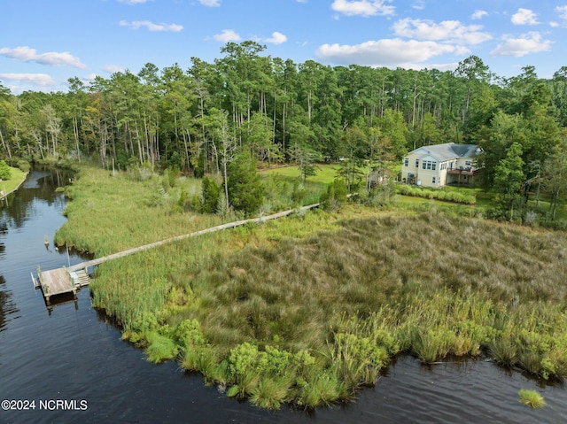 aerial view featuring a water view and a wooded view