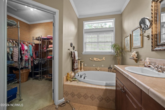 full bathroom featuring vanity, ornamental molding, a walk in closet, and a bath