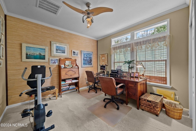 office with ceiling fan, light colored carpet, and crown molding