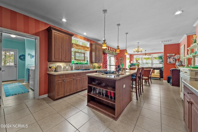 kitchen with a kitchen island, light countertops, ornamental molding, open shelves, and tasteful backsplash