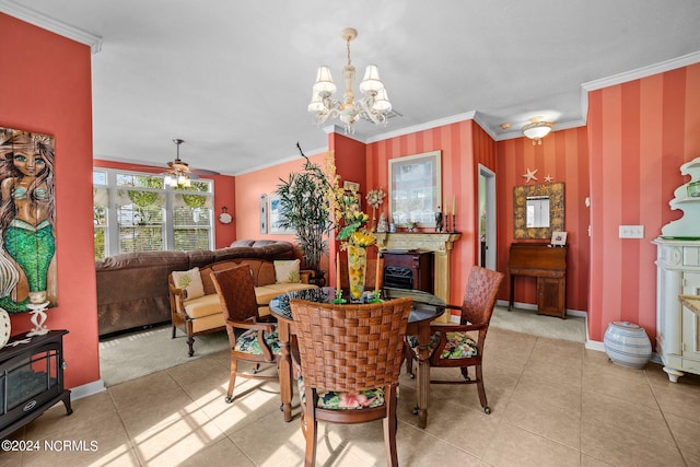 dining area with crown molding, a chandelier, and light tile patterned floors