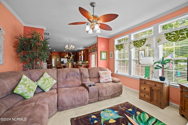 carpeted living room featuring ceiling fan with notable chandelier and ornamental molding