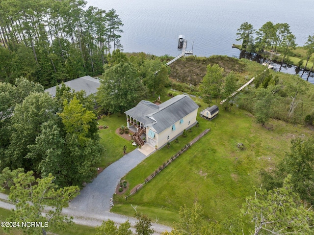 aerial view featuring a water view