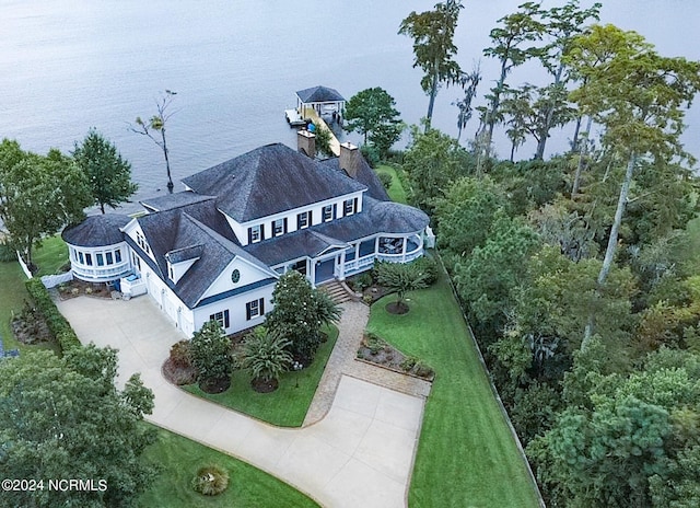 aerial view featuring a water view